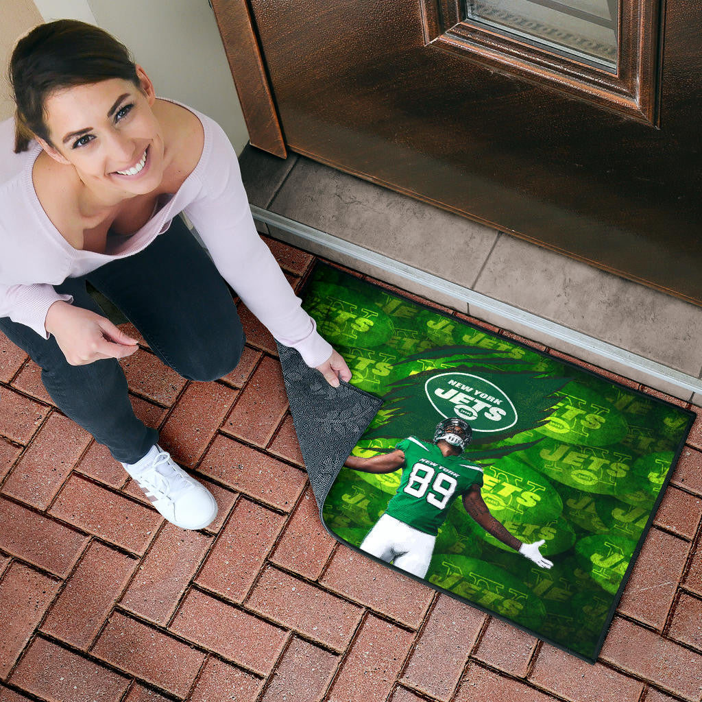 New York American Football Jets Football Player 89 Celebrating Score Holding Ball  Door Mat Home Decor
