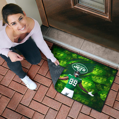 New York American Football Jets Football Player 89 Celebrating Score Holding Ball  Door Mat Home Decor