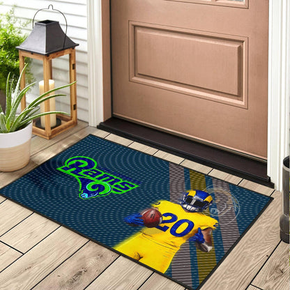 Los Angeles Rams American Football Jalen Ramsey 20 Wearing Helmet Standing Door Mat Home Decor