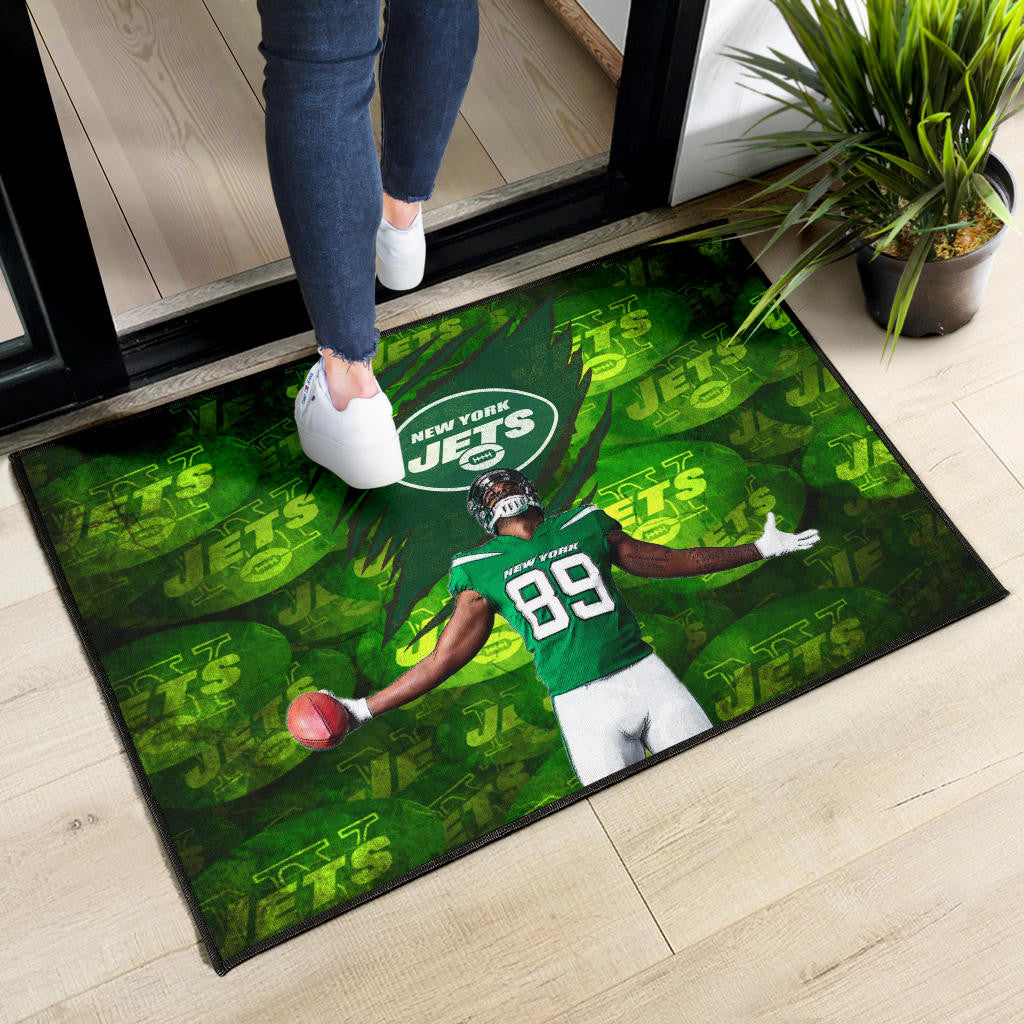New York American Football Jets Football Player 89 Celebrating Score Holding Ball  Door Mat Home Decor