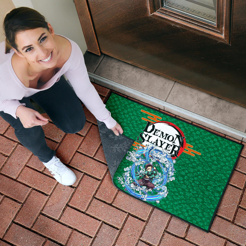 Demon Slayer Tanjiro Water Breath Power Green Background Door Mat Home Decor