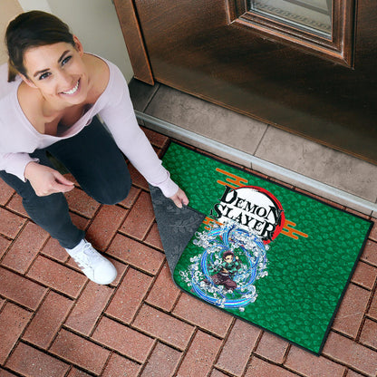 Demon Slayer Tanjiro Water Breath Power Green Background Door Mat Home Decor
