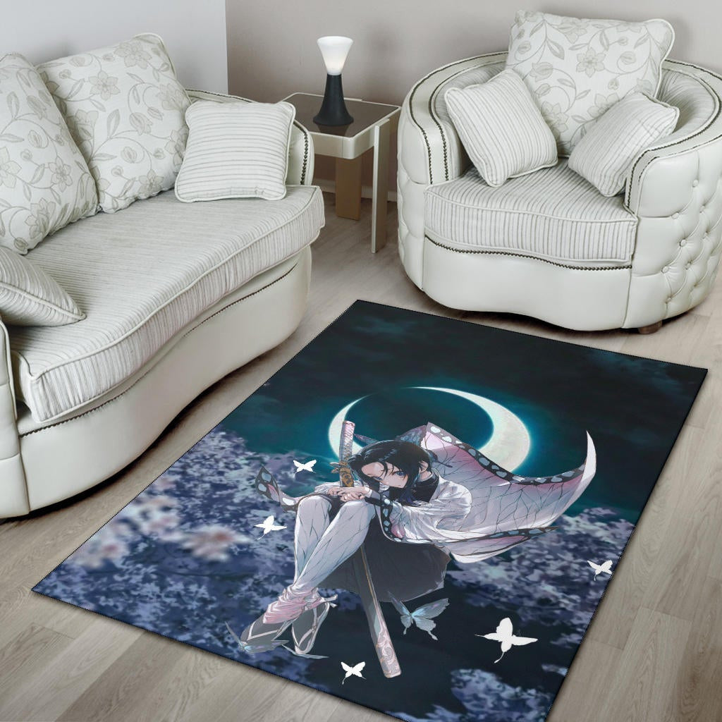 Demon Slayer Anime Lonely Shinobu With Butterflies Night Moon Area Rug Home Decor