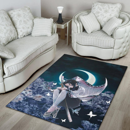 Demon Slayer Anime Lonely Shinobu With Butterflies Night Moon Area Rug Home Decor