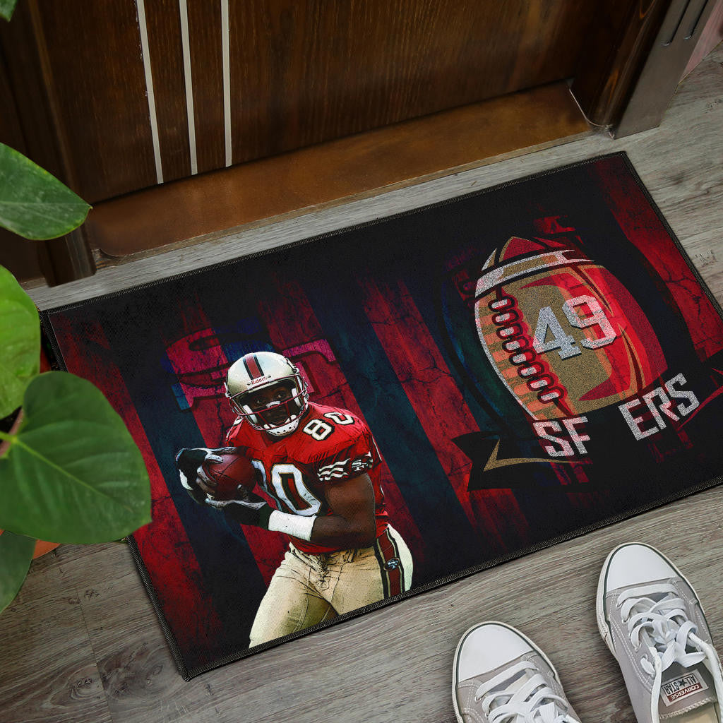 San Francisco American Football 49ers Football Door Mat Player 80 Holding Ball Black And Red SF Ers Door Mat Home Decor