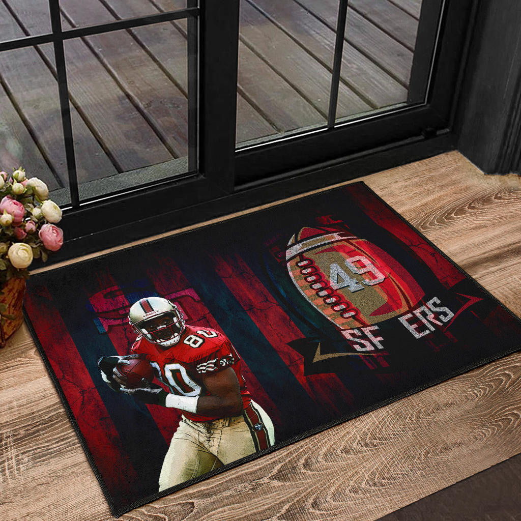 San Francisco American Football 49ers Football Door Mat Player 80 Holding Ball Black And Red SF Ers Door Mat Home Decor