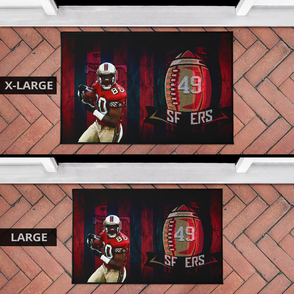 San Francisco American Football 49ers Football Door Mat Player 80 Holding Ball Black And Red SF Ers Door Mat Home Decor