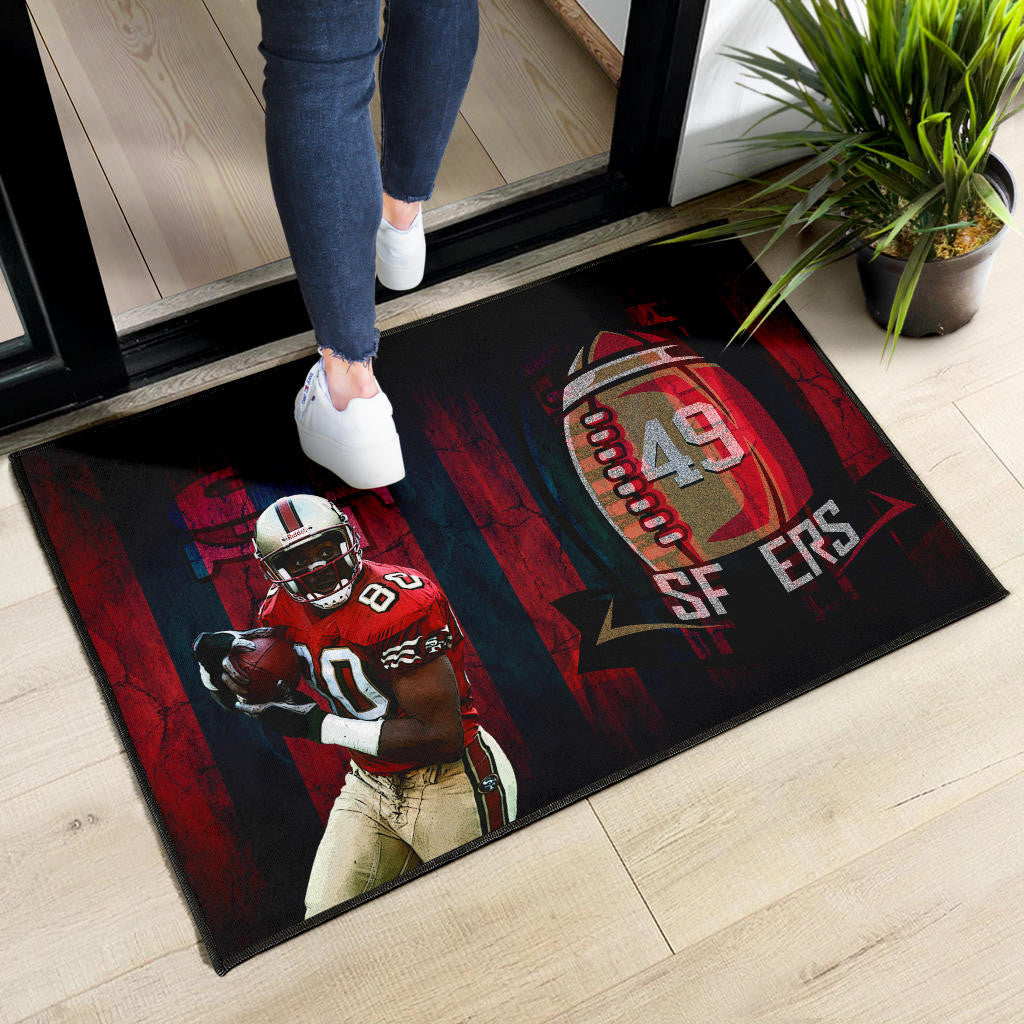 San Francisco American Football 49ers Football Door Mat Player 80 Holding Ball Black And Red SF Ers Door Mat Home Decor