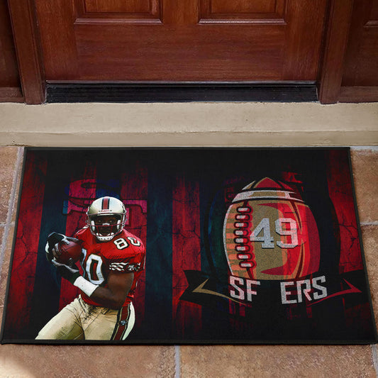 San Francisco American Football 49ers Football Door Mat Player 80 Holding Ball Black And Red SF Ers Door Mat Home Decor