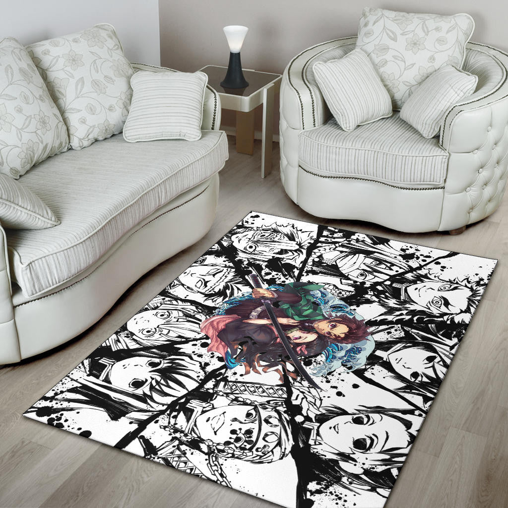 Demon Slayer Anime Tanjiro Protect Nezuko Vs Villains Black White Area Rug Home Decor