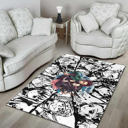 Demon Slayer Anime Tanjiro Protect Nezuko Vs Villains Black White Area Rug Home Decor