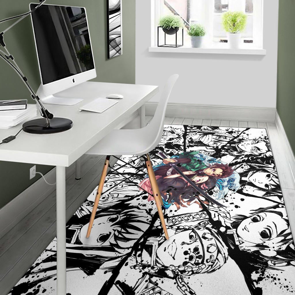 Demon Slayer Anime Tanjiro Protect Nezuko Vs Villains Black White Area Rug Home Decor