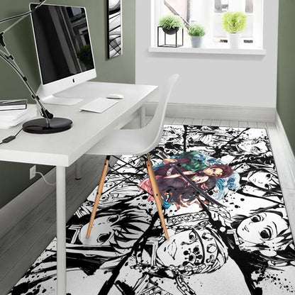 Demon Slayer Anime Tanjiro Protect Nezuko Vs Villains Black White Area Rug Home Decor