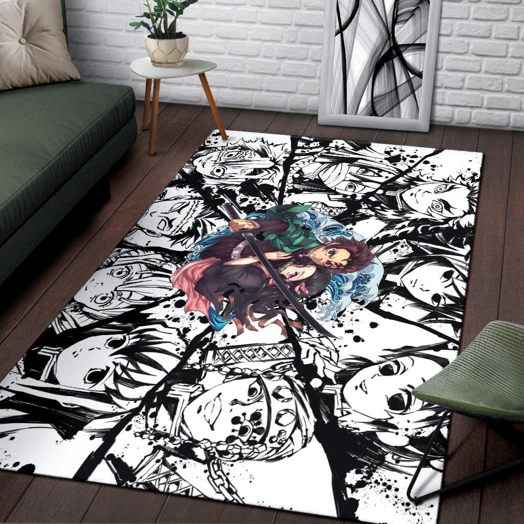Demon Slayer Anime Tanjiro Protect Nezuko Vs Villains Black White Area Rug Home Decor