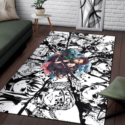 Demon Slayer Anime Tanjiro Protect Nezuko Vs Villains Black White Area Rug Home Decor