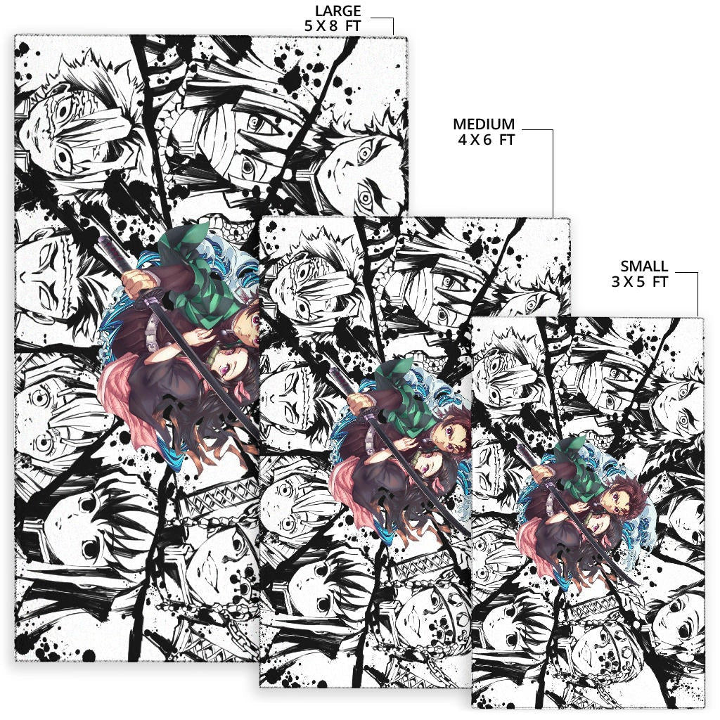 Demon Slayer Anime Tanjiro Protect Nezuko Vs Villains Black White Area Rug Home Decor