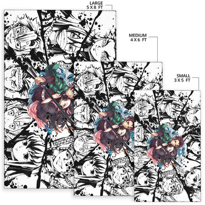 Demon Slayer Anime Tanjiro Protect Nezuko Vs Villains Black White Area Rug Home Decor