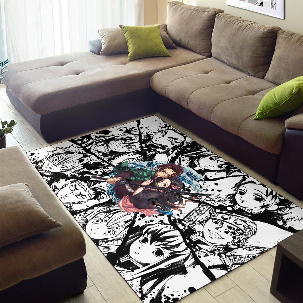 Demon Slayer Anime Tanjiro Protect Nezuko Vs Villains Black White Area Rug Home Decor