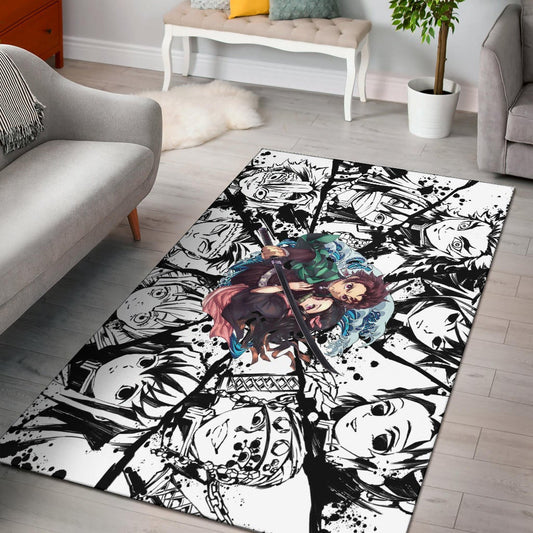 Demon Slayer Anime Tanjiro Protect Nezuko Vs Villains Black White Area Rug Home Decor