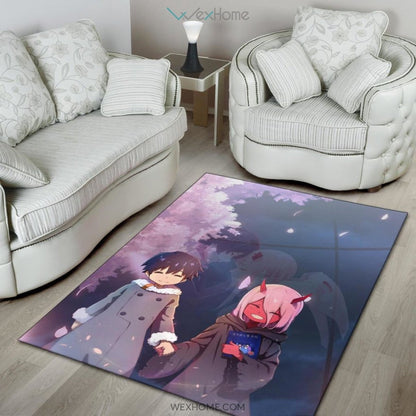 Darling In The Franxx Anime Cute Little Hiro And Red Zero Two Holding Hands Cherry Blossom Area Rug Home Decor