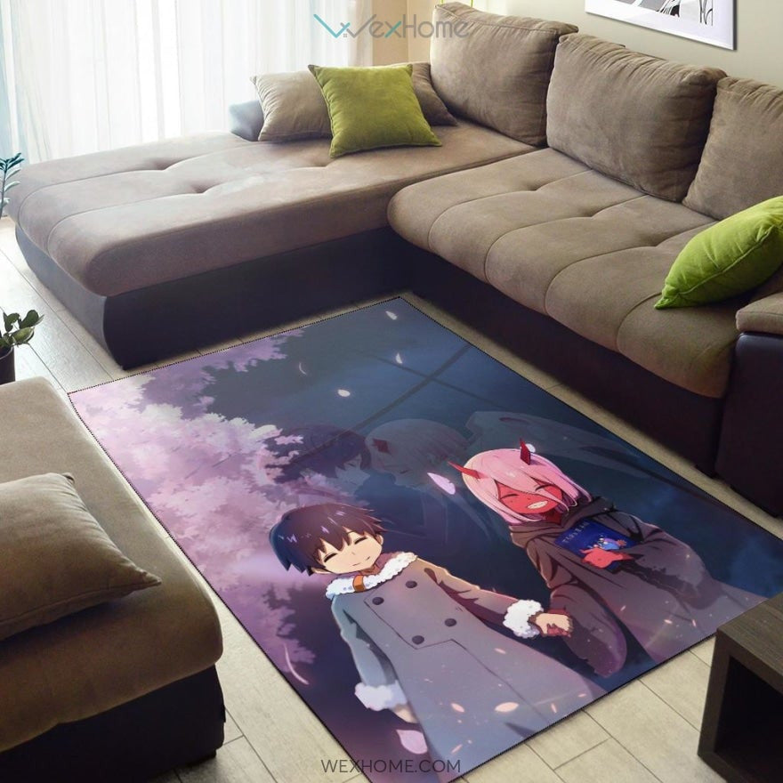 Darling In The Franxx Anime Cute Little Hiro And Red Zero Two Holding Hands Cherry Blossom Area Rug Home Decor