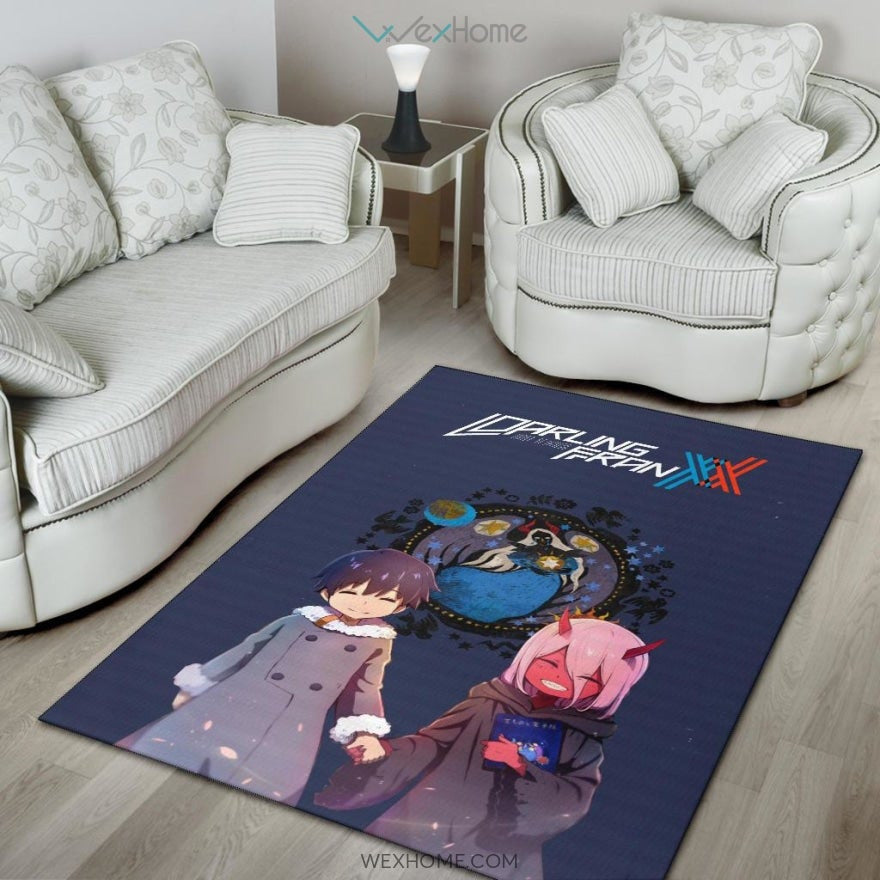 Darling In The Franxx Anime Cute Little Hiro And Red Zero Two Holding Hands Zodiac Artwork Area Rug Home Decor