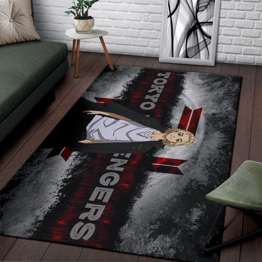 Tokyo Revengers Anime Cool Mikey Smiling Red And Grey Area Rug Home Decor