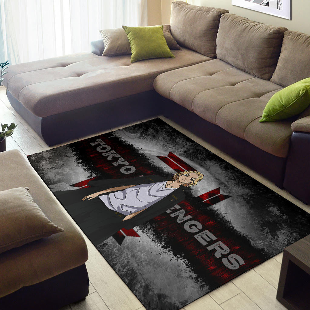 Tokyo Revengers Anime Cool Mikey Smiling Red And Grey Area Rug Home Decor