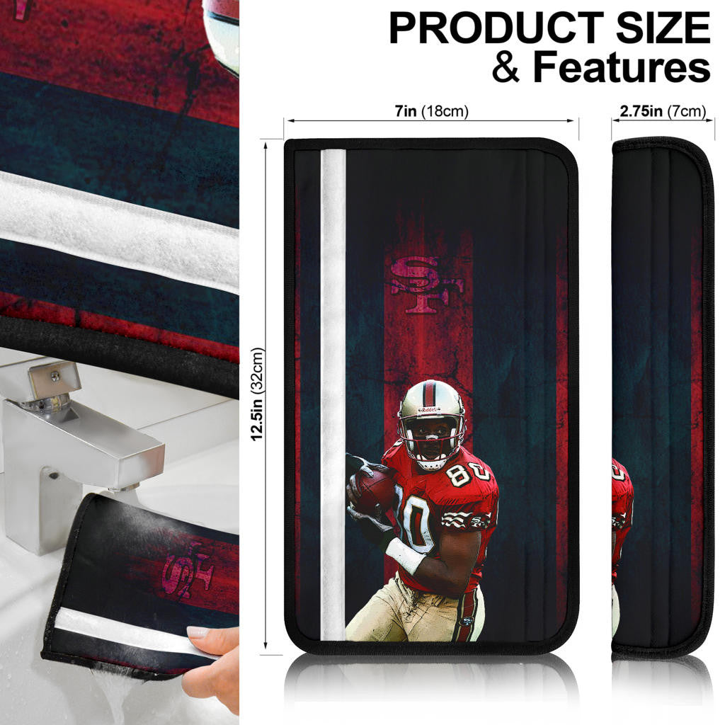 San Francisco American Football 49ers Football Player 80 Holding Ball Black And Red SF Ers Seat Belt Covers