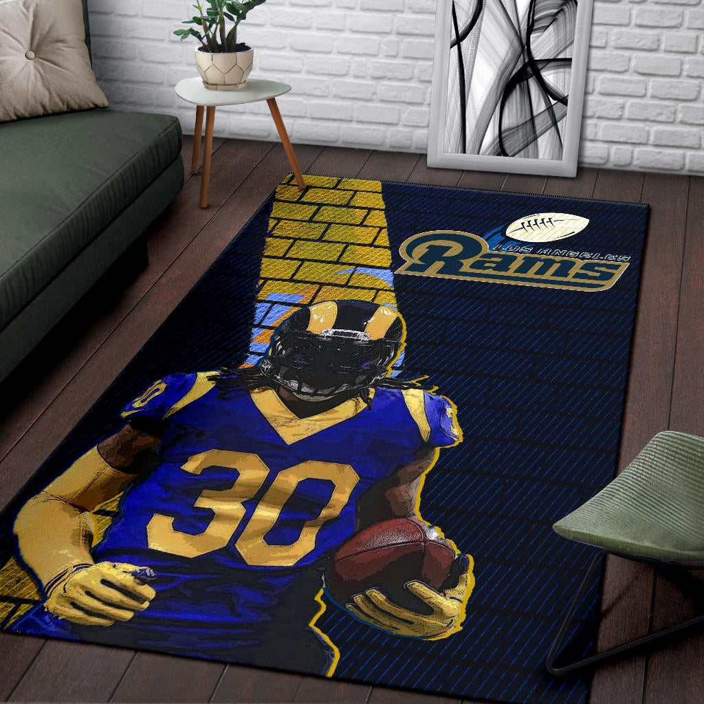 Los Angeles Rams American Football Team Raymond Calais 30 Holding Rugby Ball Brick Background Area Rug Home Decor