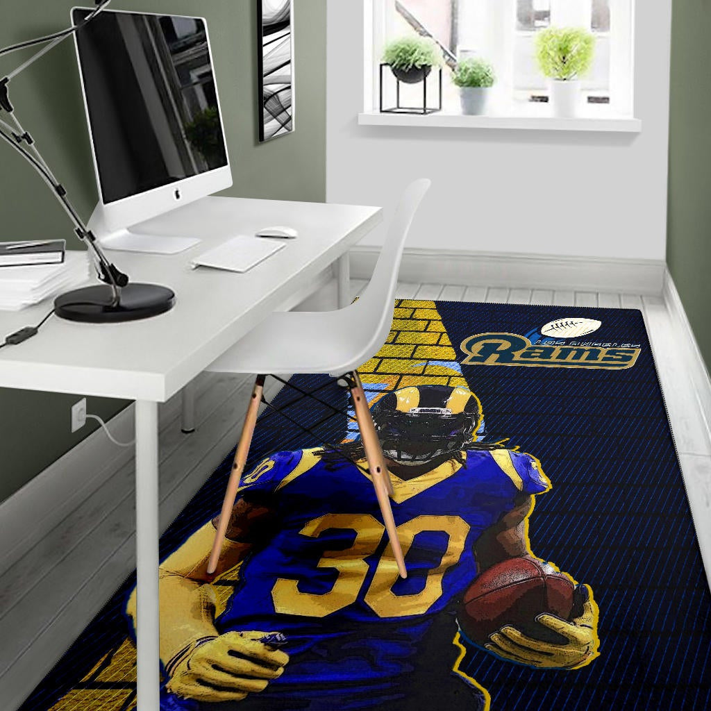 Los Angeles Rams American Football Team Raymond Calais 30 Holding Rugby Ball Brick Background Area Rug Home Decor
