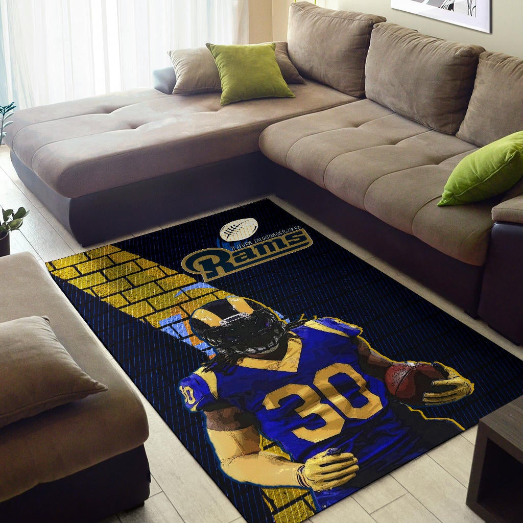 Los Angeles Rams American Football Team Raymond Calais 30 Holding Rugby Ball Brick Background Area Rug Home Decor