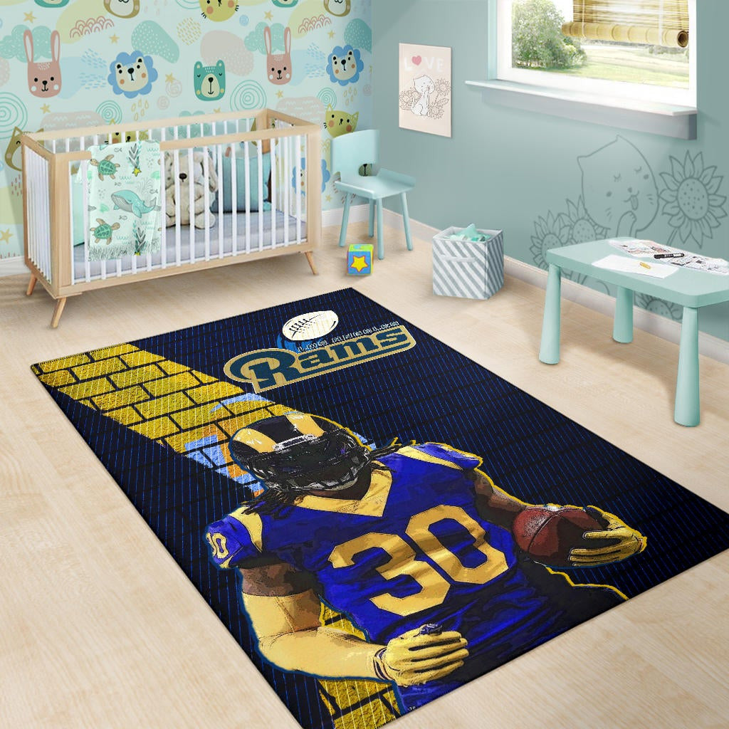 Los Angeles Rams American Football Team Raymond Calais 30 Holding Rugby Ball Brick Background Area Rug Home Decor