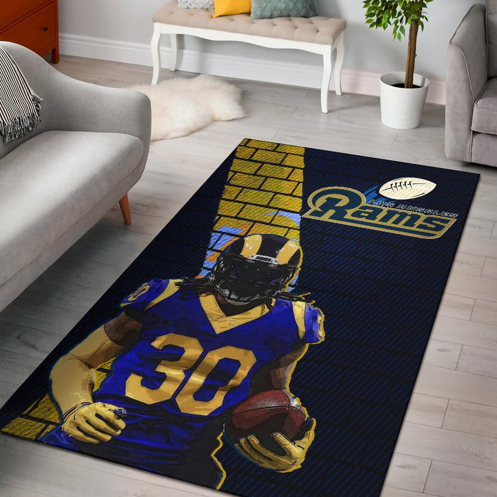 Los Angeles Rams American Football Team Raymond Calais 30 Holding Rugby Ball Brick Background Area Rug Home Decor