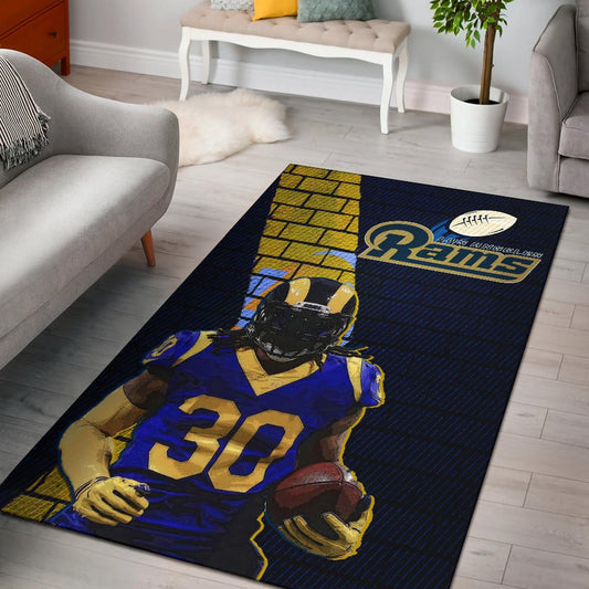 Los Angeles Rams American Football Team Raymond Calais 30 Holding Rugby Ball Brick Background Area Rug Home Decor