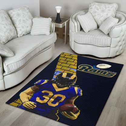 Los Angeles Rams American Football Team Raymond Calais 30 Holding Rugby Ball Brick Background Area Rug Home Decor