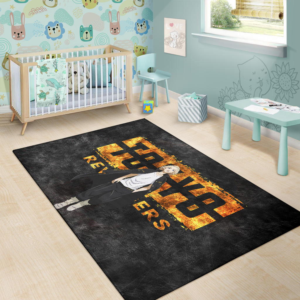 Tokyo Revengers Anime Cool Mikey Walking Golden Text Area Rug Home Decor