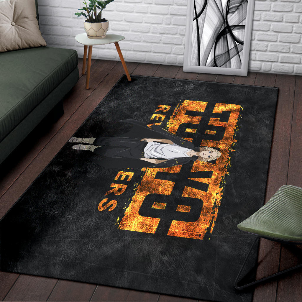 Tokyo Revengers Anime Cool Mikey Walking Golden Text Area Rug Home Decor