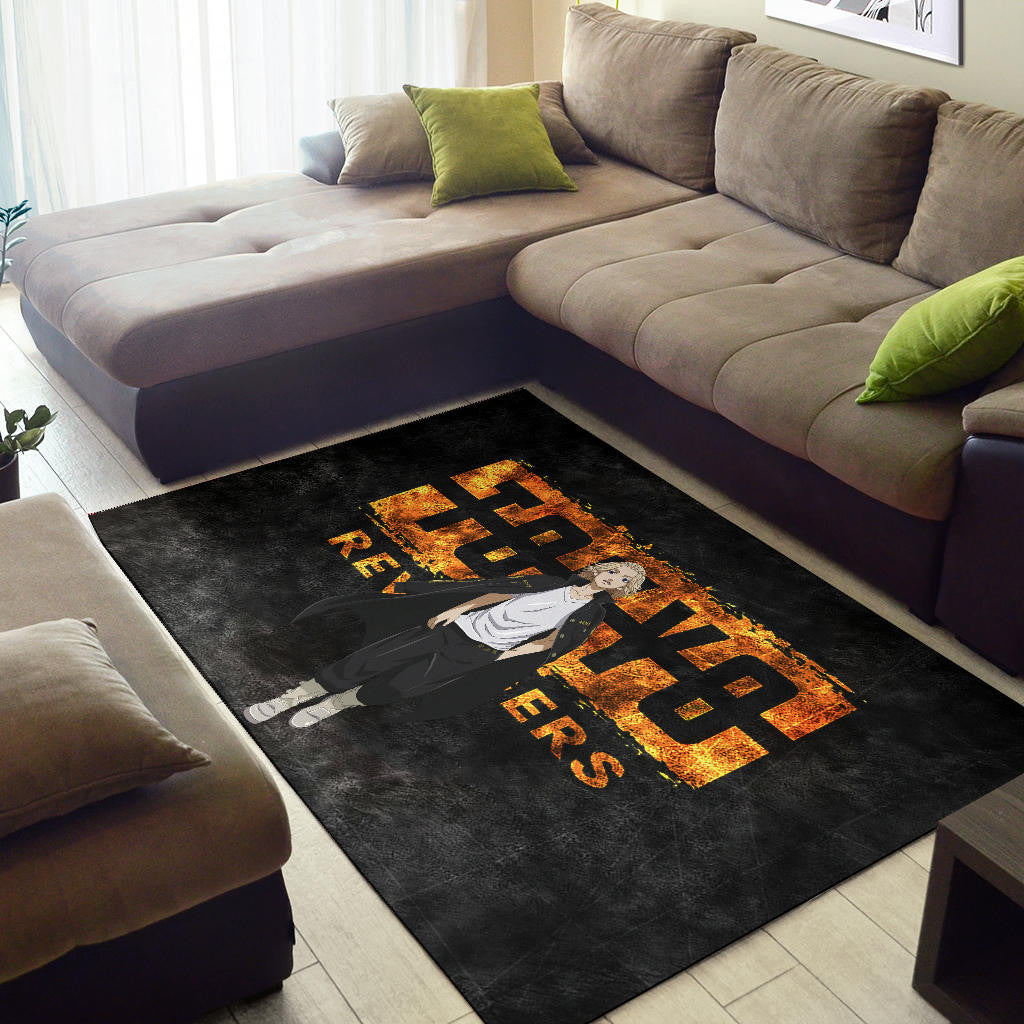 Tokyo Revengers Anime Cool Mikey Walking Golden Text Area Rug Home Decor