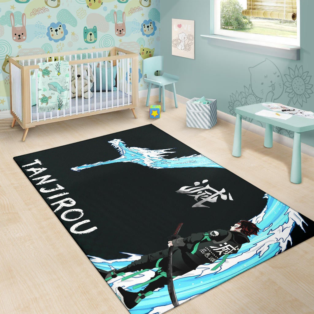 Demon Slayer Anime Tanjiro Kanji Water Dragon Power Power Black Area Rug Home Decor