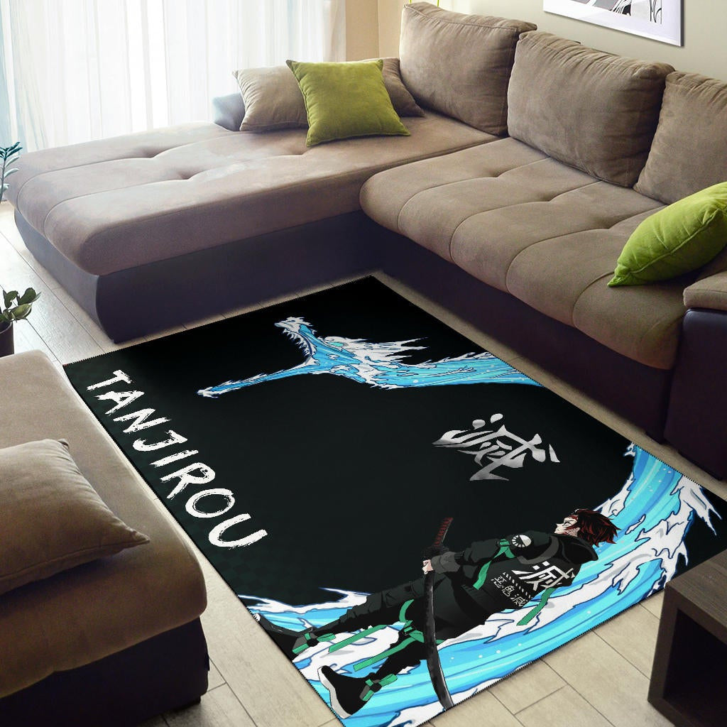 Demon Slayer Anime Tanjiro Kanji Water Dragon Power Power Black Area Rug Home Decor