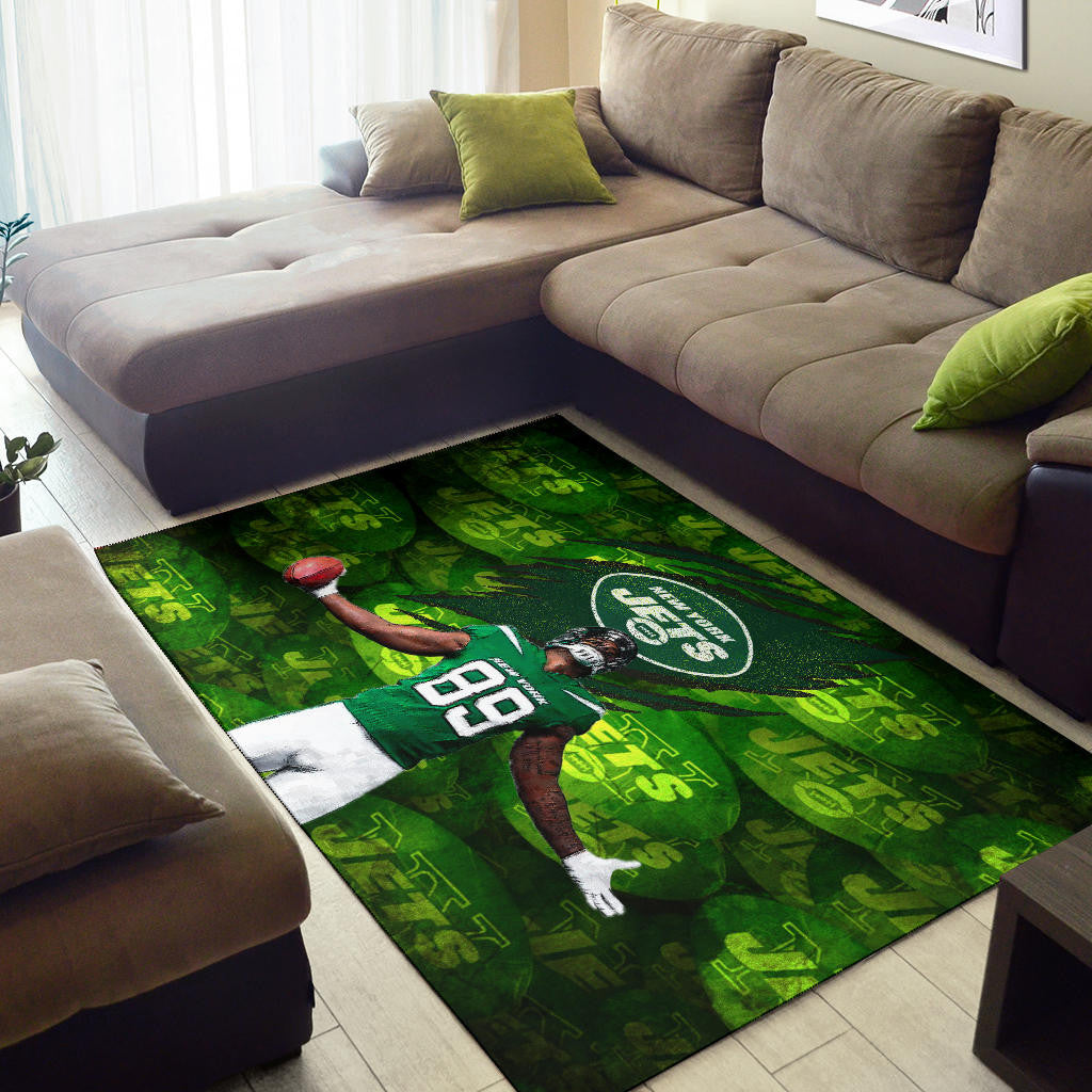 New York American Football Jets Football Player 89 Celebrating Score Holding Ball  Area Rug Home Decor