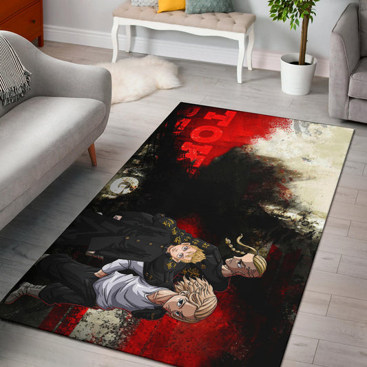 Tokyo Revengers Anime Mikey Brothers Uniform Red Black Watercolor Area Rug Home Decor