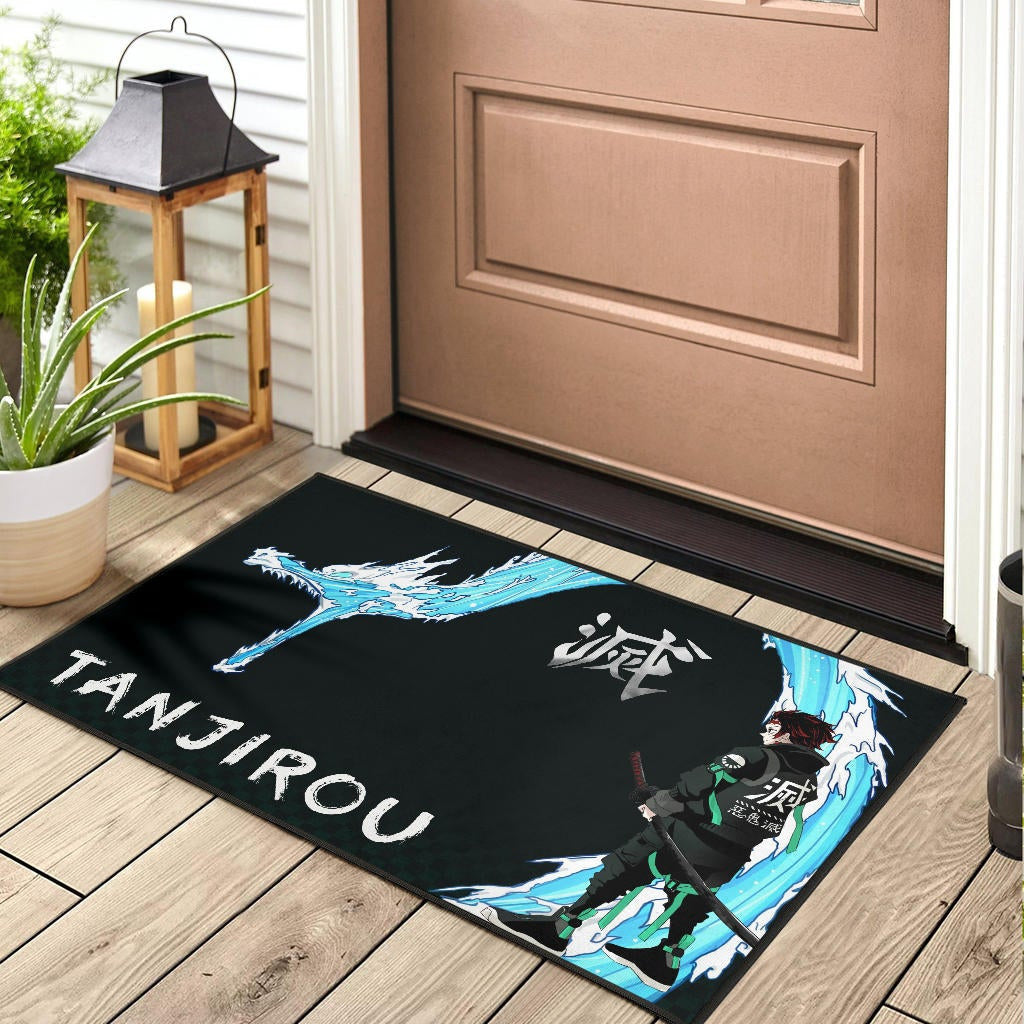 Demon Slayer Anime Tanjiro Kanji Water Dragon Power Power Black Door Mat Home Decor