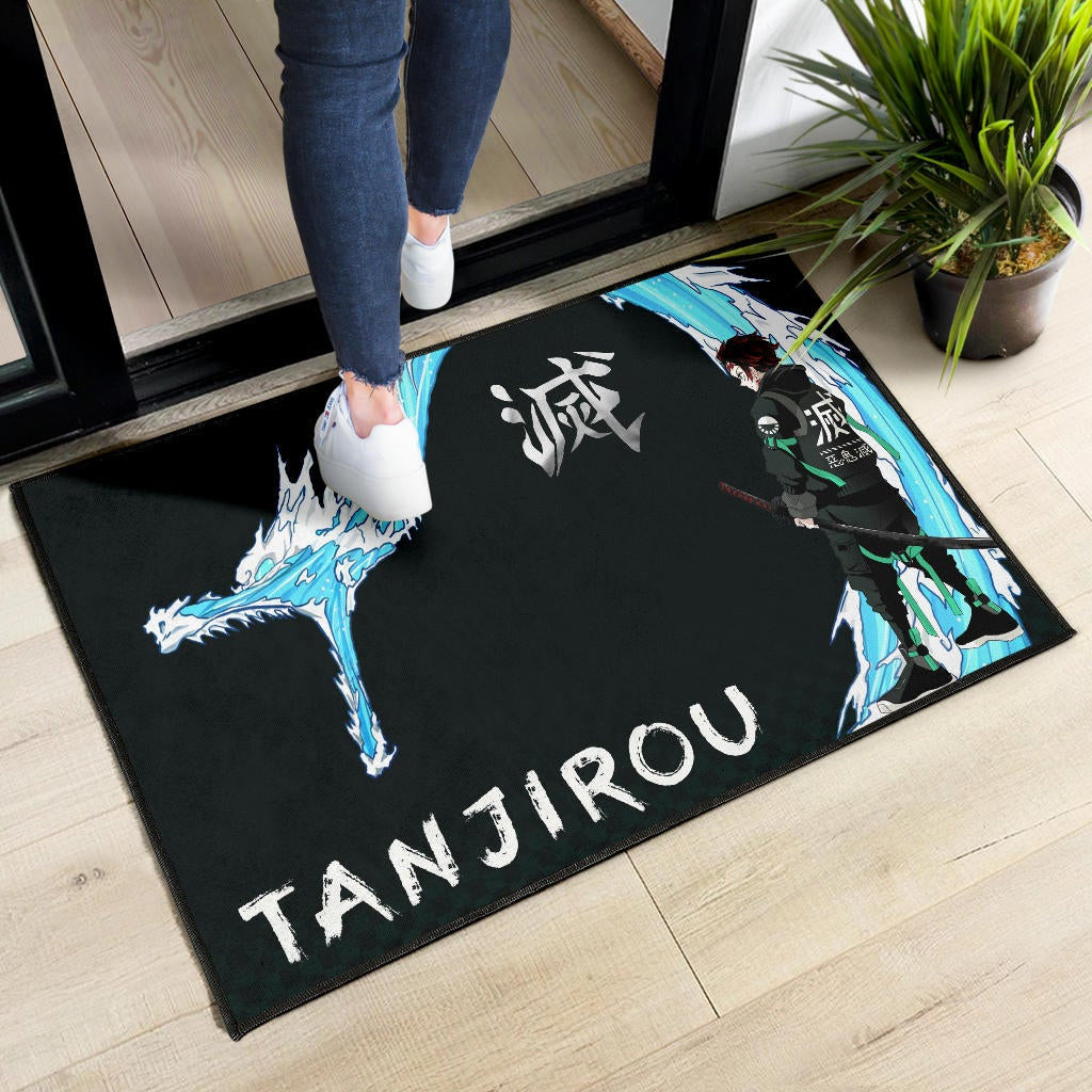 Demon Slayer Anime Tanjiro Kanji Water Dragon Power Power Black Door Mat Home Decor
