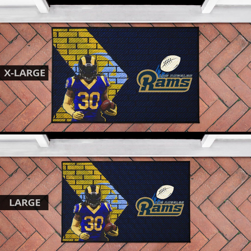 Los Angeles Rams American Football Raymond Calais 30 Holding Rugby Ball Brick Background Door Mat Home Decor