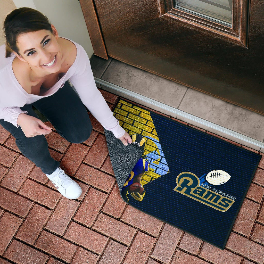 Los Angeles Rams American Football Raymond Calais 30 Holding Rugby Ball Brick Background Door Mat Home Decor