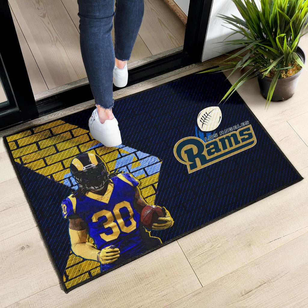 Los Angeles Rams American Football Raymond Calais 30 Holding Rugby Ball Brick Background Door Mat Home Decor