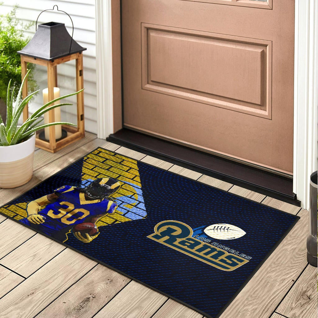 Los Angeles Rams American Football Raymond Calais 30 Holding Rugby Ball Brick Background Door Mat Home Decor