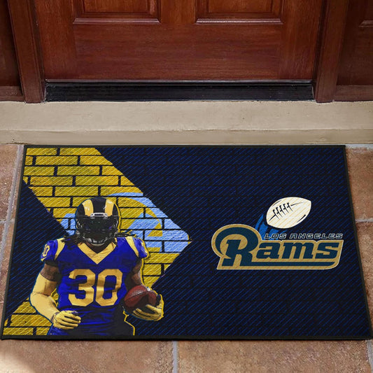 Los Angeles Rams American Football Raymond Calais 30 Holding Rugby Ball Brick Background Door Mat Home Decor